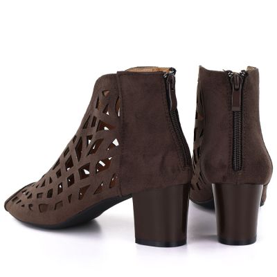 4. Women's suede ankle boots with openwork, open toe, brown M.Daszyński MR1954-15