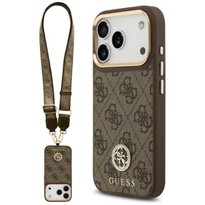Guess 4G Strass Logo & Big Strap Metal Buttons MagSafe Case for iPhone 17 Pro - Brown