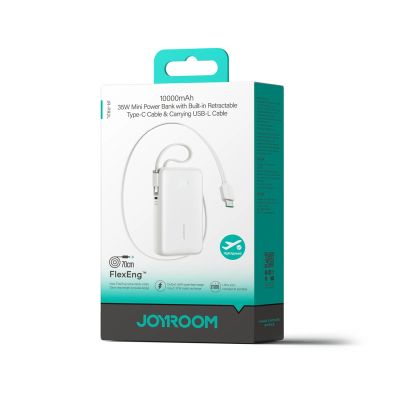 2. Joyroom JR-PR2L 10000mAh 35W Power Bank with Built-in Retractable USB-C Cable and Lightning Lanyard Cable - White