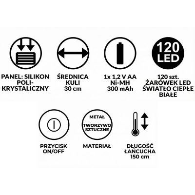 4. SOLAR HANGING LAMP BALL 30CM 120 LED WARM WHITE