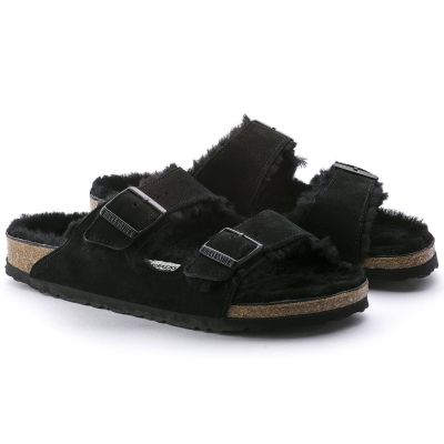 5. Birkenstock Arizona VL Shearling Black Suede Leather Regular Wide Women's Insulated Flip-Flops with Lambswool (0752661)