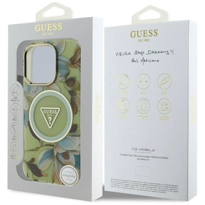 8. Guess Glitter Flowers Triangle Buttons MagSafe case for iPhone 16 Pro Max green