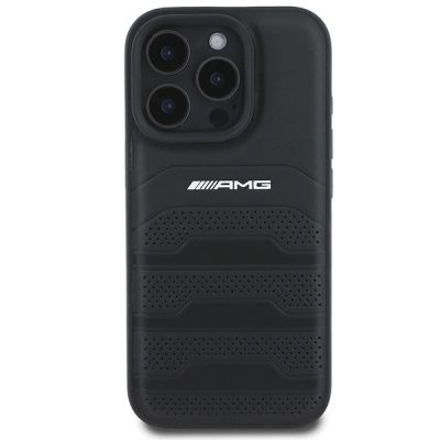 3. AMG Leather Debossed Lines Black Logo iPhone 16 Pro Max Case - Black