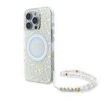 Guess IML Flowers Allover Electro With Pearl Strap MagSafe case for iPhone 16 Pro - white