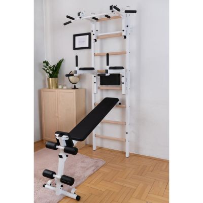32. WOODEN AND METAL GYMNASTIC WALL BAR WITH BAR, BENCH AND ACCESSORIES BENCHK 233W