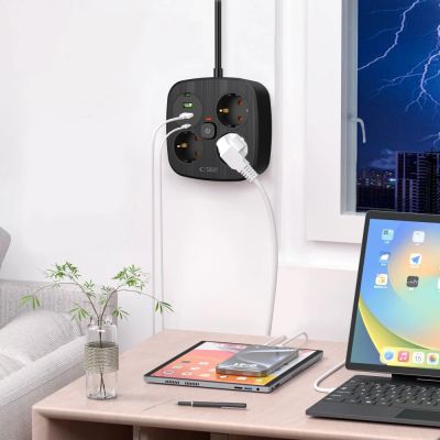 5. Tech-Protect PCS3X4 power strip, 3 sockets, 2xUSB-A, 2xUSB-C 200 cm - black