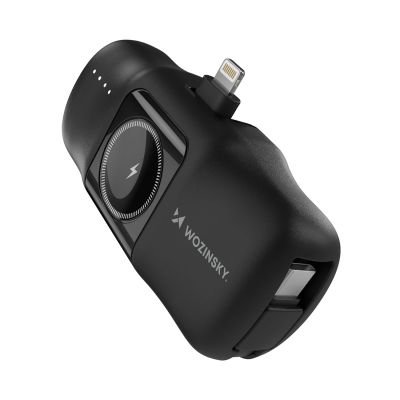 Wozinsky WF16-YLS 5000mAh 15W Lightning Mini Power Bank with Built-in USB-C Cable and Apple Watch Charger - Black