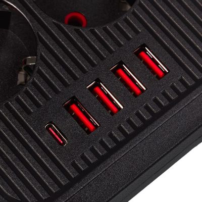 5. MACLEAN POWER STRIP, EXTENSION CORD 6 OUTLETS + 4XUSB, 110-240V AC 50/60HZ, 2.1A MAX 2500W, 1.5M, BLACK MCE389 B