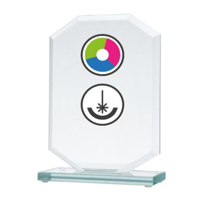 3. Glass trophy with LuxorJet color printing, engraving, and paint filling