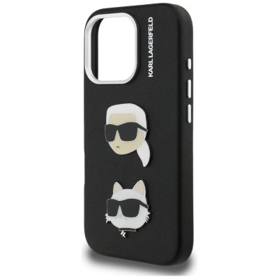 6. Karl Lagerfeld FW Grained Karl & Choupette Heads Pins Case for iPhone 16 Pro - Black