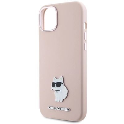 6. Karl Lagerfeld Silicone Choupette Metal Pin Case for iPhone 15 Plus / 14 Plus - Pink