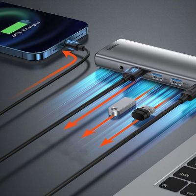 14. Baseus Metal Gleam 11in1 multifunctional USB Type C HUB - 3x USB 3.2 Gen 1 5Gbps / USB Type C PD 100W / 3.5 mm mini jack AUX / VGA Full HD 60Hz / 2x HDMI 4K 30Hz / TF and SD card reader / RJ45 1Gbps gray (CAHUB-CT0G)