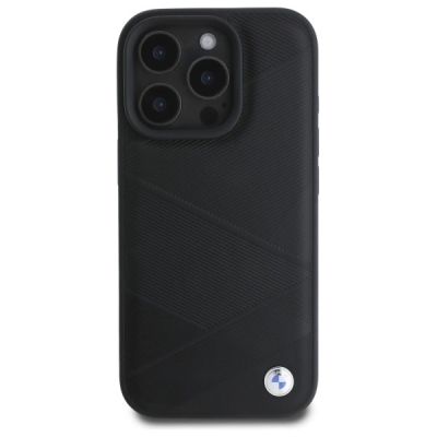 3. BMW Sign Leather Crossing Lines Pattern iPhone 16 Pro Max Case - Black