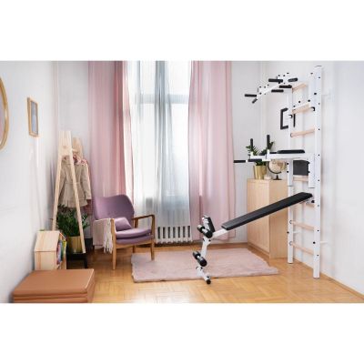 33. WOODEN AND METAL GYMNASTIC WALL BAR WITH BAR, BENCH AND ACCESSORIES BENCHK 233W