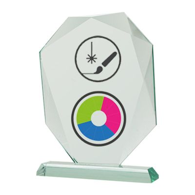 2. Glass trophy with LuxorJet color print, engraving, paint filling and case
