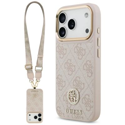 Guess 4G Strass Logo & Big Strap Metal Buttons MagSafe Case for iPhone 17 Pro - Pink