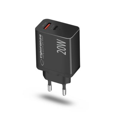 3. ESPERANZA 20 W USB-C PD 20 W / USB-A QC 3.0 18 W Mains Charger, Black EZC105K