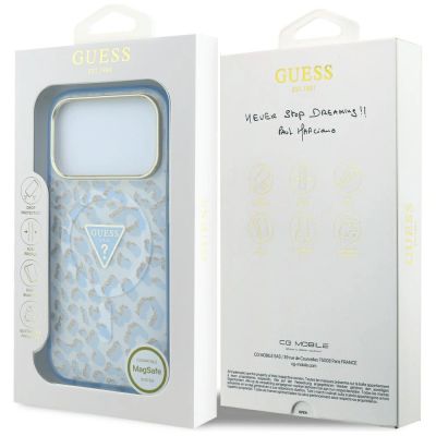 8. Guess IML Leopard Glitter Triangle Logo MagSafe Case for iPhone 17 Pro / 18 Pro - Blue