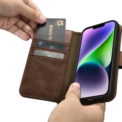 13. iCarer Oil Wax Wallet Case 2in1 Cover iPhone 14 Plus Anti-RFID Leather Flip Case Brown (WMI14220723-BN)