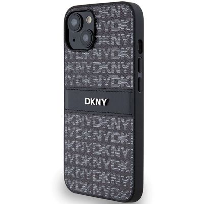 2. DKNY Leather Mono Stripe & Metal Logo Case for iPhone 15/14/13 - Black