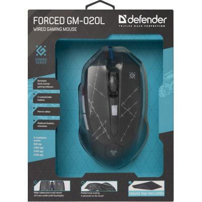 15. DEFENDER FORCED WIRED MOUSE GM-020L 800/1800/2400/3200 DPI 6P + PAD + GAME 52020