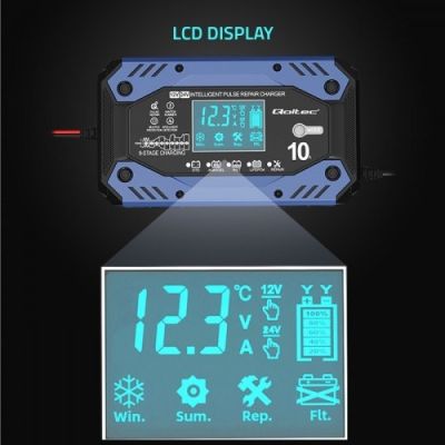 4. QOLTEC STD AGM GEL LIFEPO4 BATTERY CHARGER | RECTIFIER WITH REPAIR FUNCTION | 12-24V | 10A | LCD | 9-STEP CHARGING