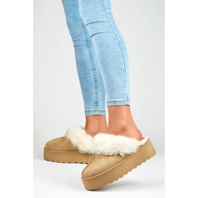5. Women's slippers on a platform with fur, beige 81366-4-KH