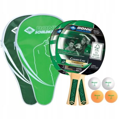 TABLE TENNIS SET 2 RACKETS 2 COVERS 4 BALLS CHAMPS 400 FSC DONIC