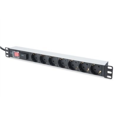 7. Digitus PDU 19" Rackmount Power Strip, 7x Schuko sockets, 2.0m, 1x Unischuko plug, 16A, on/off, surge protection, aluminum profile