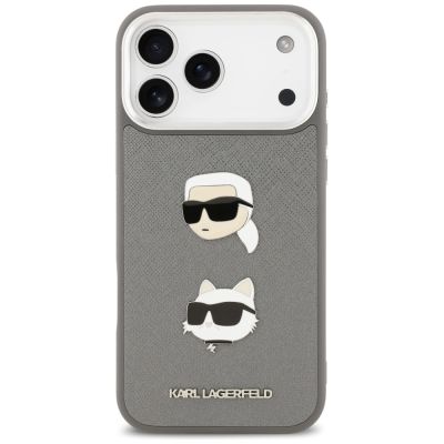 3. Karl Lagerfeld FW Grained Karl & Choupette Heads Pins & Logo iPhone 17 Pro Max Case - Gray
