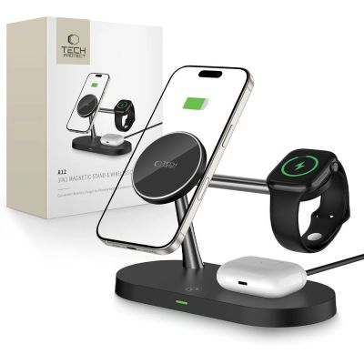 Tech-Protect A12 3in1 MagSafe Inductive Charger for Smartphone/Headphones/Smartwatch - Black