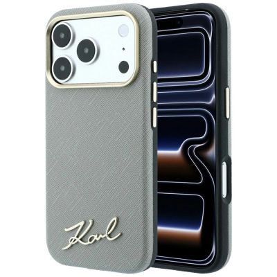 Karl Lagerfeld Saffiano Small Script Metal Logo MagSafe Case for iPhone 18 Pro / 17 Pro - Beige