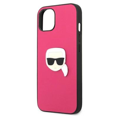 6. Karl Lagerfeld Leather Ikonik Karl's Head Metal Case for iPhone 13 mini - Pink