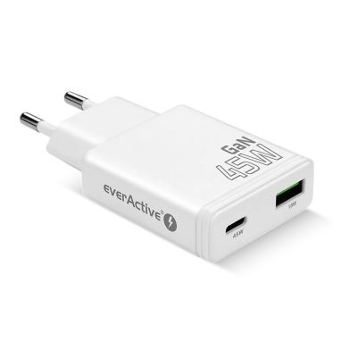 2. EVERACTIVE GAN WALL CHARGER 1 X USB, 1 X USB-C QUICK CHARGE 3.0 45W WHITE SC-460Q
