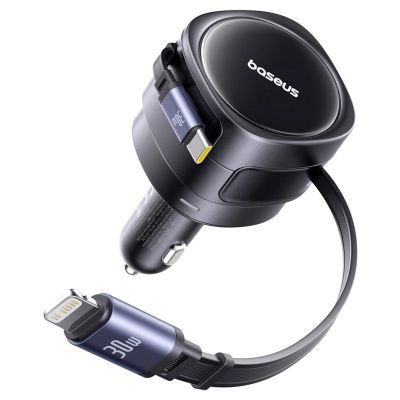 3. Baseus Enjoyment Max 60W Car Charger with Retractable USB-C and Lightning Cables - Black