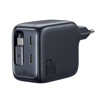 Baseus EnerCore CJ11 67W Wall Charger with Two USB-C Ports and Retractable USB-C Cable - Black