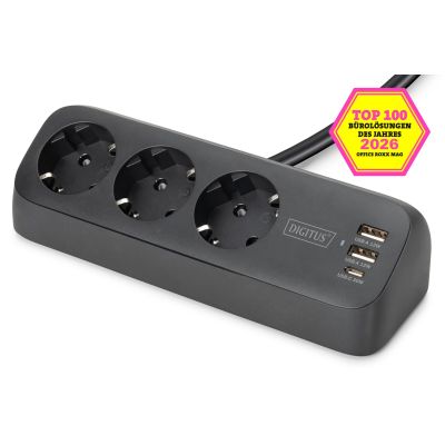 9. Digitus 3-Way Office Power Strip with 2 USB-A and 1 USB-C Ports, Black