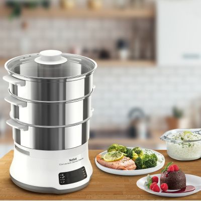 9. Tefal Convenient Series Deluxe VC502D 3-Basket Steamer, 900W Stainless Steel, White