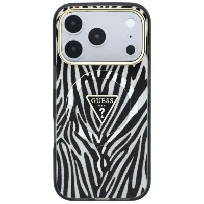 3. Guess IML Zebra Glitter Triangle Logo MagSafe Case for iPhone 17 Pro Max / 18 Pro Max - Silver
