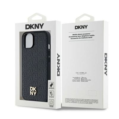 8. DKNY Leather Monogram Pattern Metal Logo MagSafe Case for iPhone 15/14/13 - Black