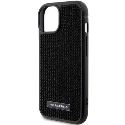 6. Karl Lagerfeld Rhinestone Logo Metal Plate case for iPhone 15 - black