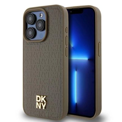 DKNY Leather Pattern Metal Logo MagSafe Case for iPhone 15 Pro Max - Brown