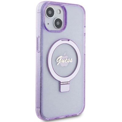 4. Guess Ring Stand Script Glitter MagSafe case for iPhone 15 Plus / 14 Plus - purple
