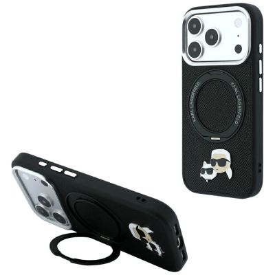 Karl Lagerfeld with Ring Stand 360 Karl & Choupette Heads Pin MagSafe Case for iPhone 18 Pro Max / 17 Pro Max - Black