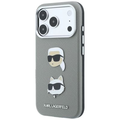 2. Karl Lagerfeld Saffiano Case with Karl & Choupette Heads Pins & Logo for iPhone 18 Pro / 17 Pro - Gray