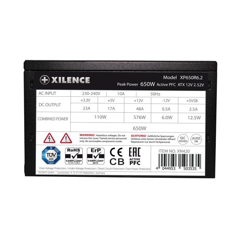 6. Xilence XN420 Power Supply - 650 W - 220 - 240 V - 50 Hz - 10 A - Active - 576 W