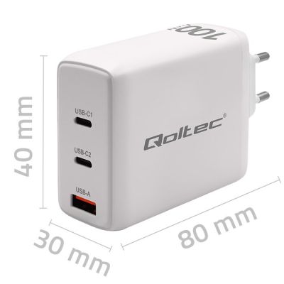 7. Qoltec 100W GaN Wall Charger | 5-20V | 1.5-5A | 2 x USB-C PD | 1 x USB QC 3.0 | White