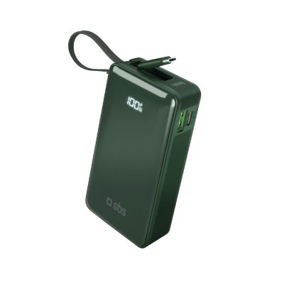Powerbank SBS 10000 mAh 20W with built-in USB-C cable and digital display - green