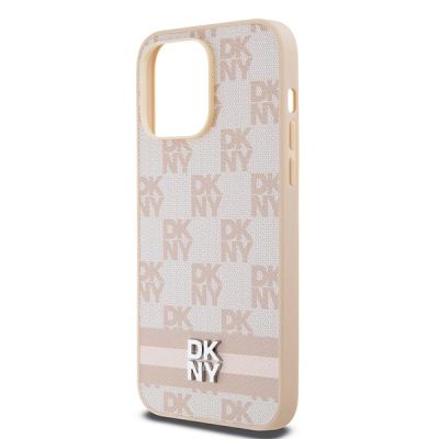 6. DKNY Leather Checkered Mono Pattern & Printed Stripes case for iPhone 14 Pro Max - pink