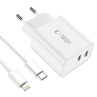 3. Tech-Protect C35W 2x USB-C PD 35W Wall Charger with USB-C / Lightning Cable - White